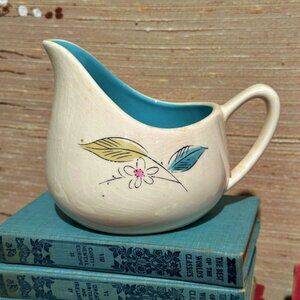 MCM Salem Biscayne Gravy Sauce Boat Vintage Floral Turquoise Pitcher Creamer